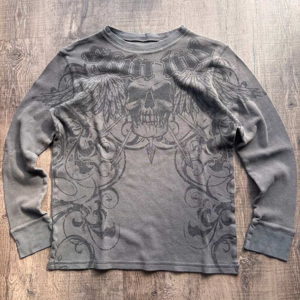 Skin Industries Thermal Long Sleeve Skull Gray Y2K Grunge Shirt